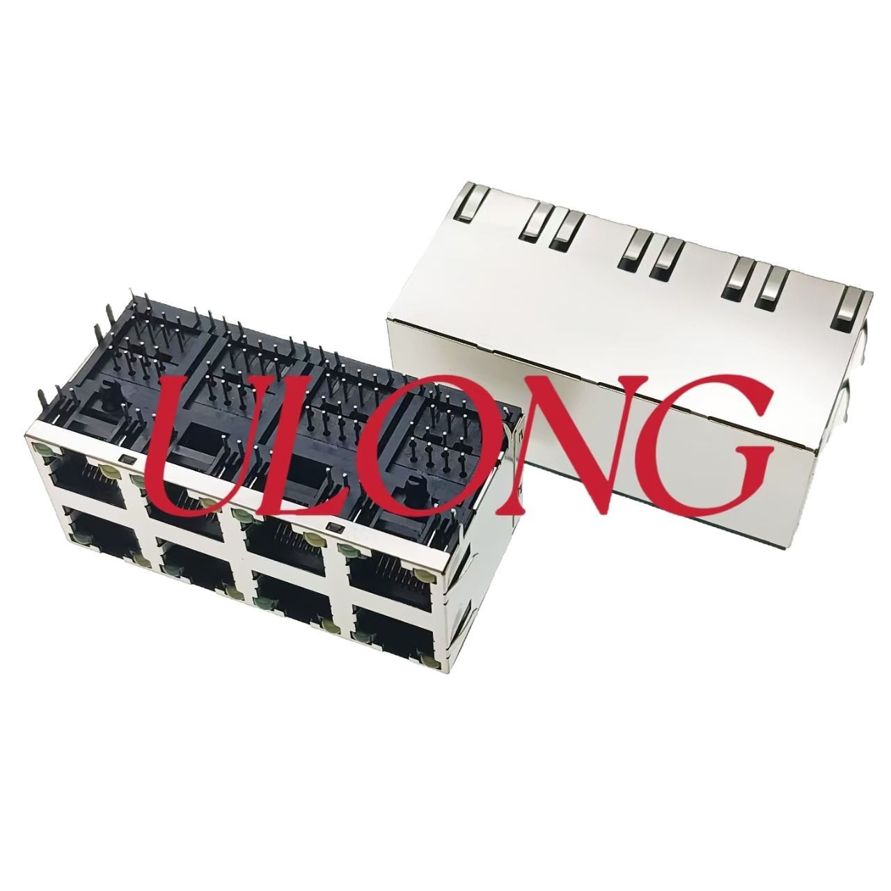 双层RJ45连接器网口插座2X4带灯带弹左黄右绿