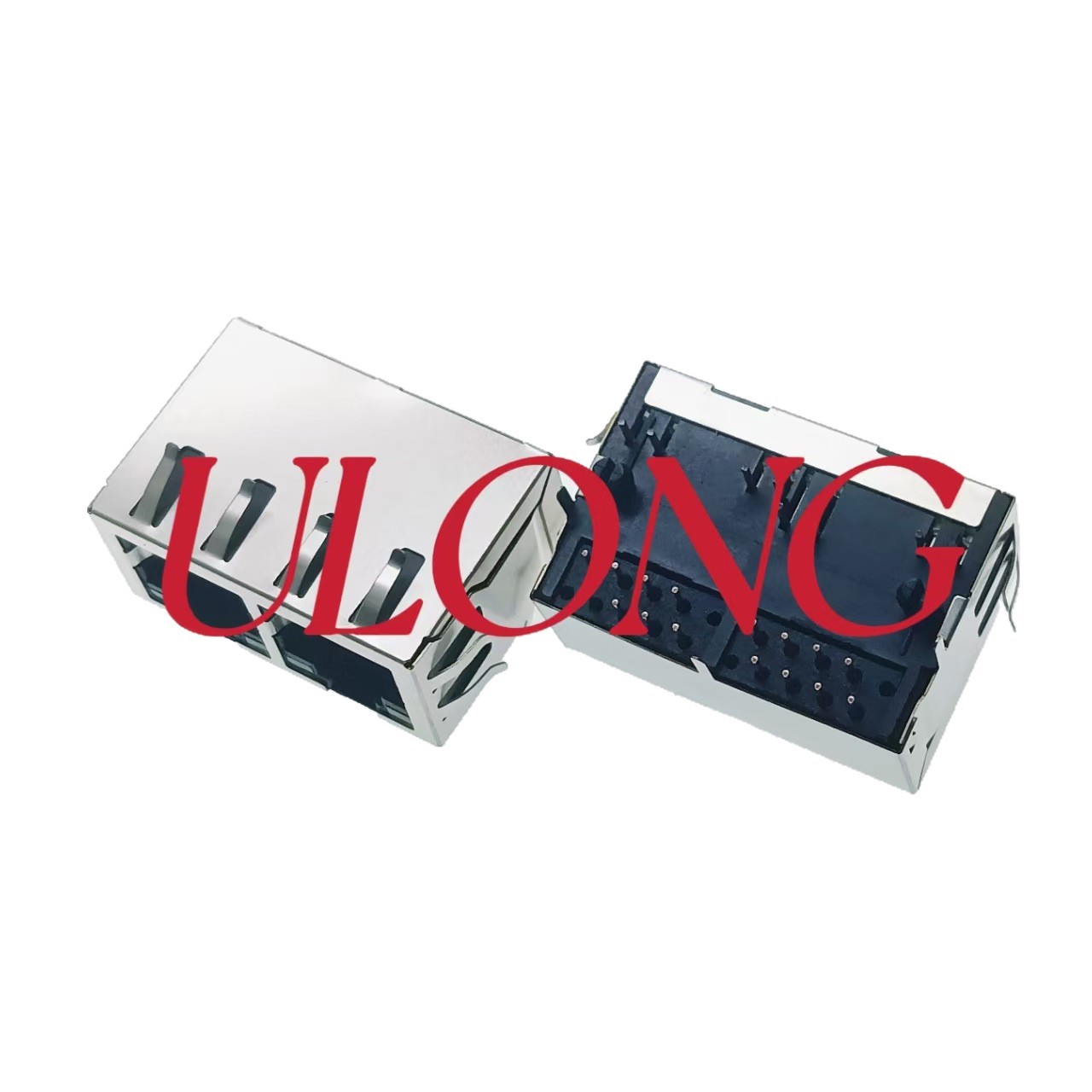 RJ45连接器1X2口网络插座90度带灯带弹带屏蔽左黄右绿