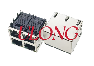 双层RJ45连接器网口插座2X2带灯带弹左黄右绿