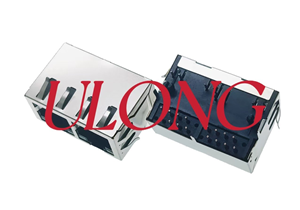 RJ45连接器1X2口网络插座90度带灯带弹带屏蔽左黄右绿